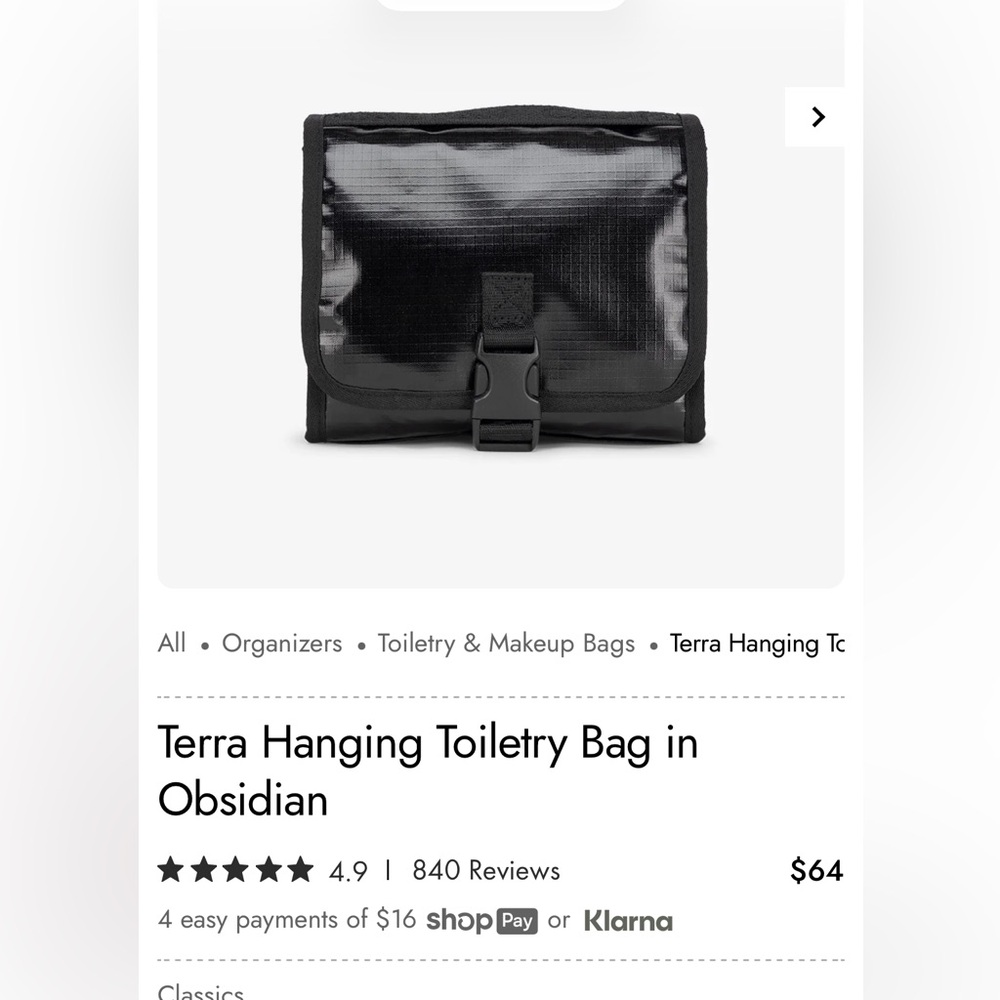 Terra Hanging Toiletry Bag in Obsidian NWOT